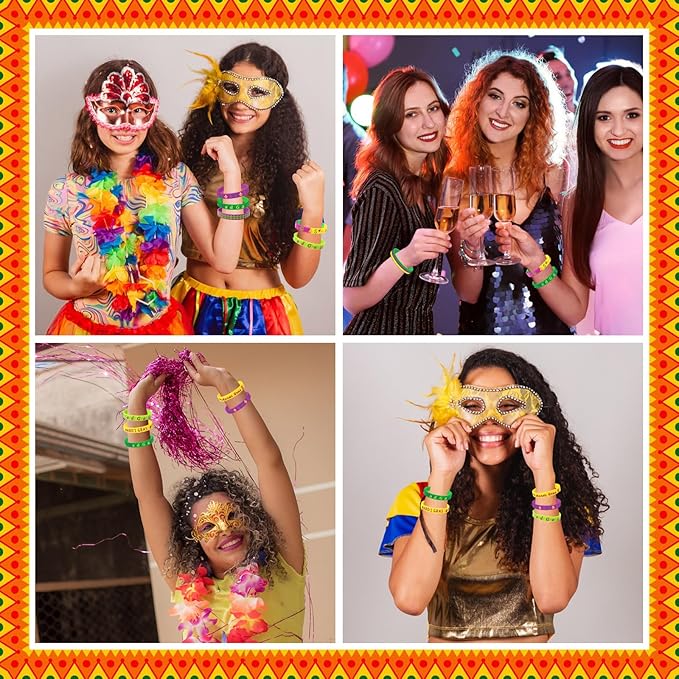 JUNEBRUSHS 24Pcs Mardi Gras Silicone Rubber Wristbands Bracelets for Mardi Gras Carnival Birthday Party Favors Supplies Decorations Goodie Bag Stuff Fillers (8 Designs)