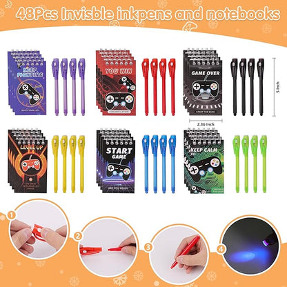 Invisible Ink Pens Notebook Silicone Bracelet Video Game Party Favors Birthday Supplies for Kids Bags for Secret Message Valentine's Day 72 Pcs Game On Stuffer Gifts Spy Pen Party Favors for Kids 8-12