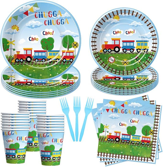 Train Birthday Plates And Napkins Party Supplies Dinnerware, Train Birthday Decorations, Plate, Cup, Napkin, Fork, Train Theme Chugga Choo Party Supplies For 1st 2nd 3rd Birthday | 24 Guests