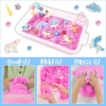 38 PCS Unicorn Sensory Sand Bin-Magic Sand, Sensory Bin for Toddlers & Sand Scooper-Count Sparkly Pom-Poms, Bring Unicorns to Life in a Magical Fairytale-Ideal Gift for Kids