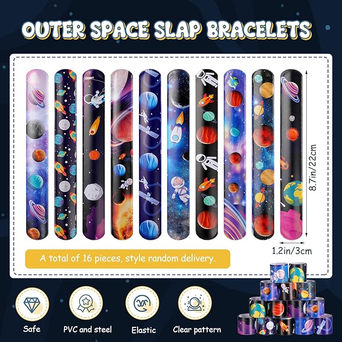 32 Pieces Space Bouncy Balls Slap Bracelets Set, Inclued 16 Space Slap Bracelets and 16 Rubber Space Theme Galaxy Bouncy Balls for Outer Space Birthday Party Favors Supplies Toys Bag Fillers