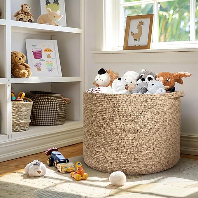 MEGASKET 115L Wicker Storage Basket, 23.6"x15.7" Woven Cotton Rope Basket, Giant Kids Dog Toy Bin Organizer, XXXL Blanket Pillow Holder for Living Room, Brown Variegated Wicker Baskets for Organizing