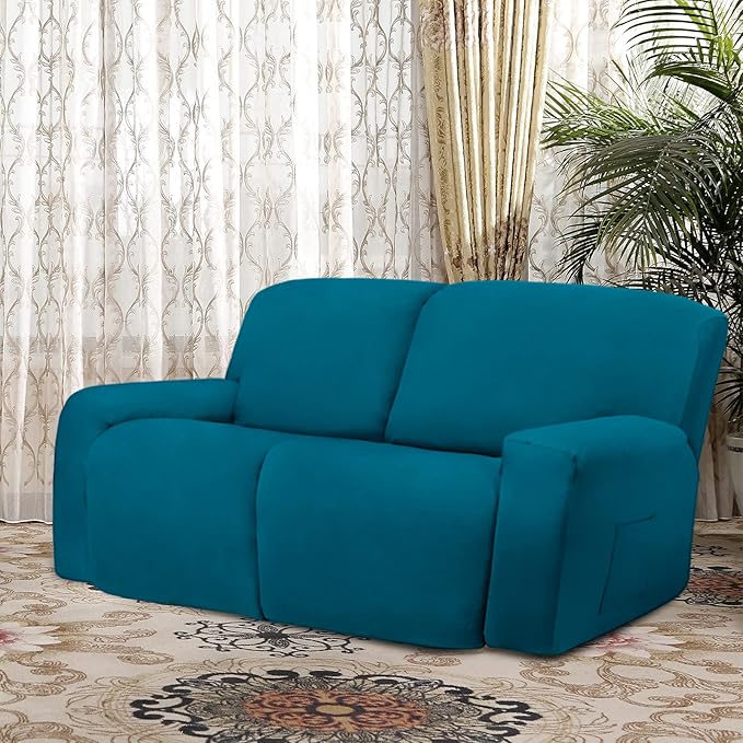 Easy-Going Oversized 6 Pieces Microfiber Stretch Sectional Recliner Loveseat Sofa Slipcover Soft Fitted Fleece 2 Seats Couch Cover Washable Furniture Protector with Elasticity for Pet Peacock Blue