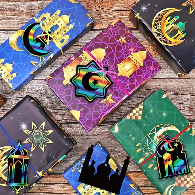 HOWAF 36pcs Ramadan Mubarak Scratch Paper Art Kit, Eid Mubarak Rainbow Scratch Off Cards for Eid Holiday Activity School DIY Drawing Project Supplies, Ramadan Kareem Paper Scratch Pad for Kids