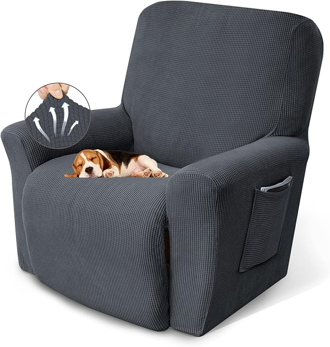 KEKUOU Recliner Chair Covers Lazy Boy Recliner Covers Stretch Couch Cover Slipcovers 1 Piece Furniture Protector with Elastic Bottom for Dog,Kids.(Recliner, Charcoal)