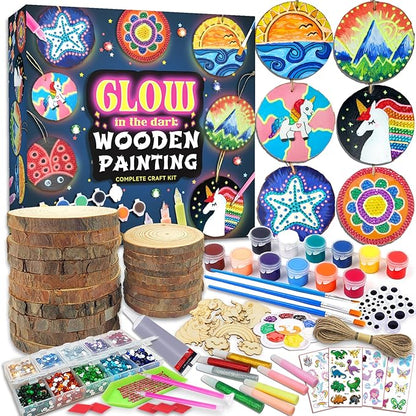 klmars Kids Wooden Painting Kit-Glow in The Dark-Arts & Crafts Gifts for Boys Girls Ages 6-12-Wood Slice Craft Activities Kits - Creative Art Toys for Birthday Party Favors Prizes(20Pcs)