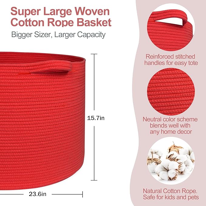 MEGASKET 115L Extra Large Red Basket for Organizing, 23.6"x15.7" Jumbo Woven Cotton Rope Bins for Blankets, Baby Nursery Laundry Basket, Kids Dog Toy Storage Box, Huge Red Living Room Decor Organizer