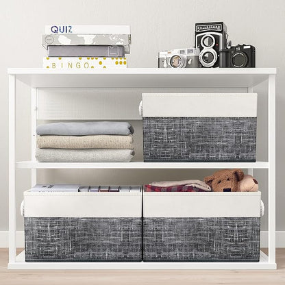 Fab totes Storage Bins [8-Pack], Foldable Storage Baskets for Organizing Toys, Books, Shelves, Closet, Large Storage Box with Rope Handles, Sturdy Organizer Bins, White & Black