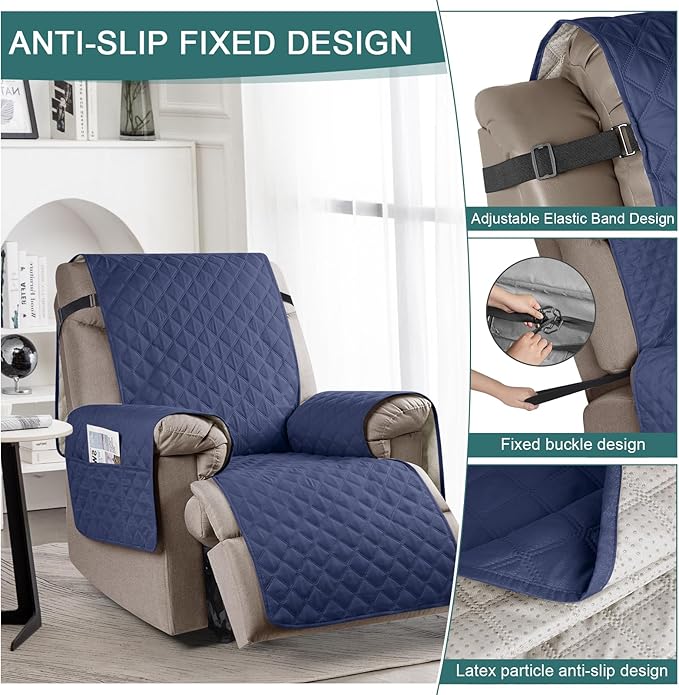 Ruaozz 100% Waterproof Recliner Chair Cover Non-Slip Reclining Cover for Recliner Chair Washable Chair Seat Cover with Elastic Straps for Kids, Dogs, Pets (Ocean Blue, 23'')