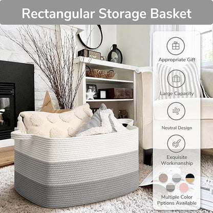 Goodpick Storage Basket, 21.6" x 14.9" x 11.8", Blanket Basket for Living Room, Large Woven Baskets for Storage, Toy Organizer, Rectangle Rope Baskets for Organizing, Gray