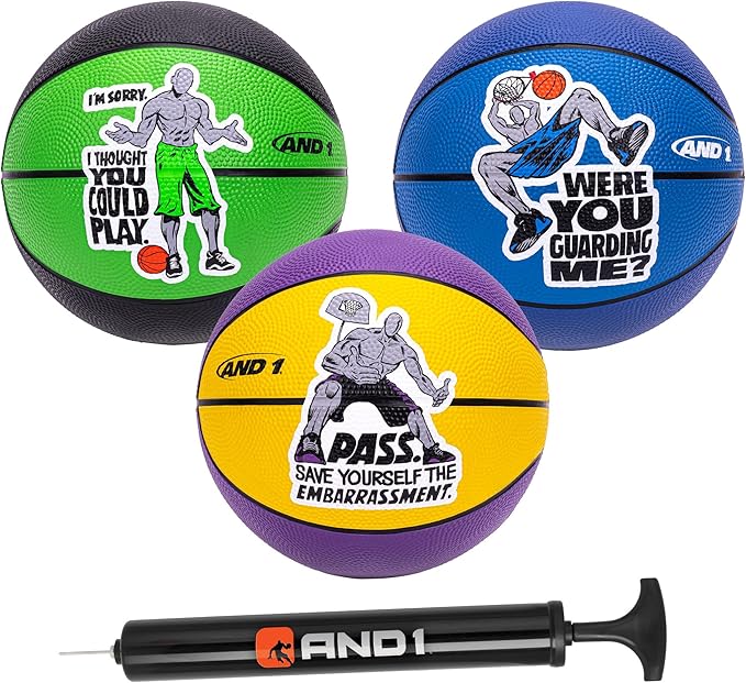 AND1 Mini Basketball 3 Pack Set for Kids (Deflated w/Pump Included): - Size 3 7-Inch Premium Youth Size Basketballs, Easy to Grip