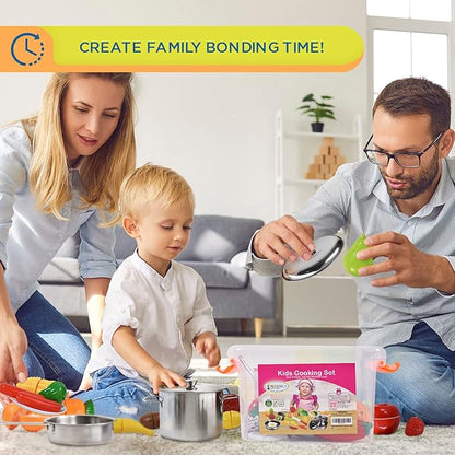 FUNERICA Play Food and Realistic Stainless-Steel Pots and Pans and Utensils - Cutting Fake Food and Pretend Toy Kitchen Accessories Cooking Toy Playset for Toddlers and Kids