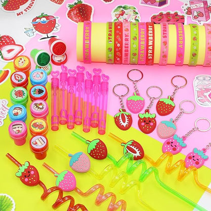 110 PCS Strawberry Party Favors Set - Berry Birthday Supplies for Kids Girls Includes Drinking Straws, Keychains, Silicone Bracelets, Sticker Strawberry Pinata Filler Goodie Bag Fillers