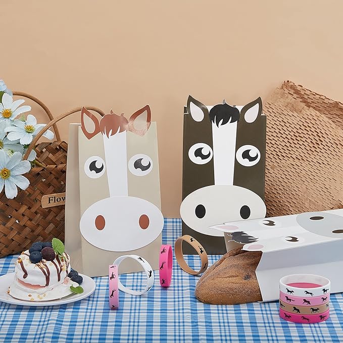 36 Pcs Horse Party Favors Including Horse Treat Favor Bags Horse Party Bag Cowboy Candy Bags Horse Rubber Bracelets for Baby Shower Horse Birthday Party(Light Brown, Rose, Pink, White)