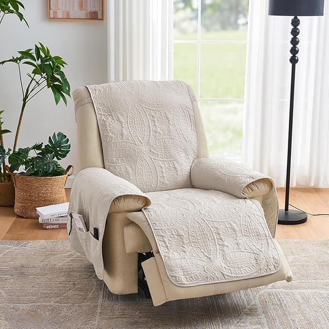 Beige Quilted Recliner Covers, Water-Repellent Recliner Slipcovers, Lazy Boy Chair Covers, Pet Friendly Recliner Cover for Dogs Cats, Washable Furniture Protector (Recliner 22", Beige Cream)