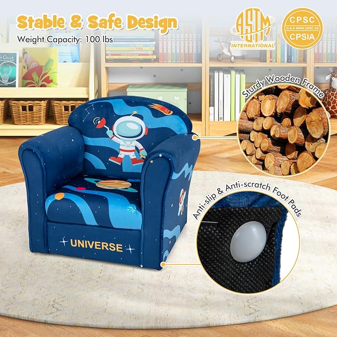 Costzon Kids Couch, Children's Sofa Armrest Chair with Pattern, Toddler Furniture w/Sturdy Wood Construction, Preschool, Lightweight Kids Couch Sofa Chair for Aged 1-5 Boys & Girls Gifts, Astronaut
