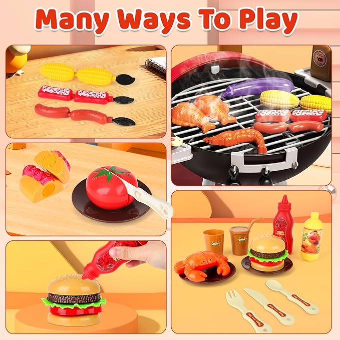 deAO Kids BBQ Grill Playset, Kitchen Toy Set with Pretend Smoke, Light, Sound Toy Kitchen Accessories,Indoor Outdoor Cooking Toy for Boys Girls Kids, for Kids