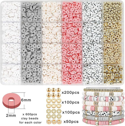 MIIIM Boho Neutral Clay Bead Bracelet Kit, Heishi Beads, Flat Clay Beads and Gold Spacer Beads for Jewelry Making, Friendship Bracelet Beads Kit for Valentine's Day, Crafts, Raves, Gifts