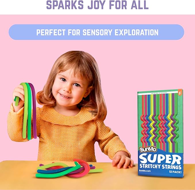 BUNMO Stretchy Strings - Sensory Toys for Toddlers - Stimulating & Addictive Sensory Toys for Kids - Fidget Toy - Hours of Fun for Kids - Non-Mouthable Toy 3+ - Mini Smooth 12 Pack