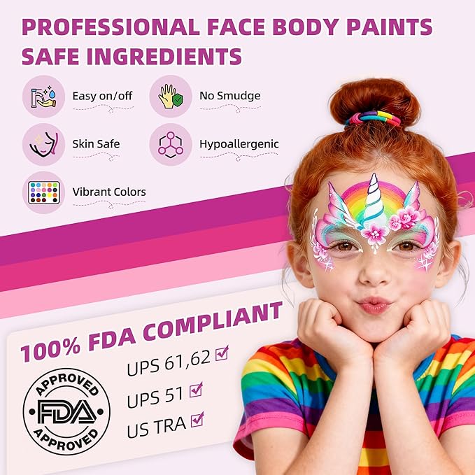 WUO Professional Face Painting Kit for Kids Adults, 12x10g+4 Colors Split Cake Palette with Stencils Sponge, Non-Toxic Water-Activated Rainbow Body Face Paint Makeup for Halloween Christmas Partie