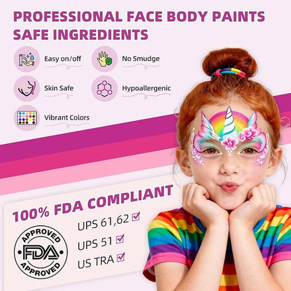 WUO Professional Face Painting Kit for Kids Adults, 12x10g+4 Colors Split Cake Palette with Stencils Sponge, Non-Toxic Water-Activated Rainbow Body Face Paint Makeup for Halloween Christmas Partie