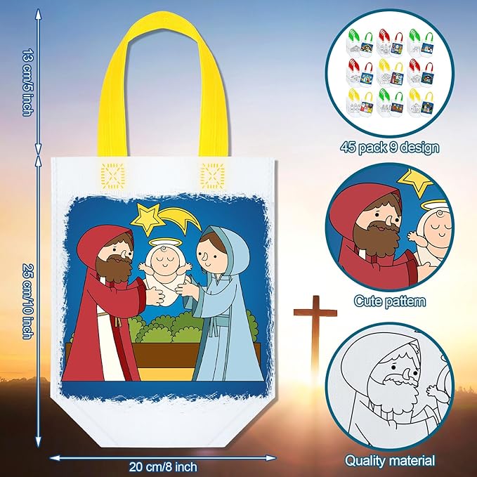 Kacctyen 45 Pcs Nativity Cute Coloring Goodie Bags Christian Reusable Christmas Art Party Favor Paint Bags for Nativity Theme Birthday Bags Color Your Own Bag Graffiti Goodie Bags, 9 Styles