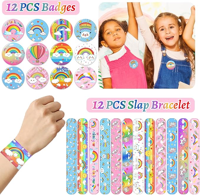 Rainbow Party Favors 110 PCS Slap Bracelets, Button Pins, Stickers, Temporary Tattoos, Key Chains and Gift Bags Girl Boy Kids Baby Shower Rainbow Unicorn Cloud Birthday Party Supplies Decorations