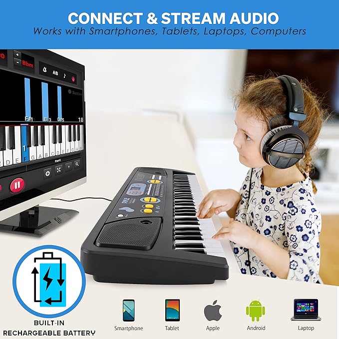 Electric Keyboard Piano 61 Keys - Portable Digital Musical Karaoke Piano Keyboard -10 Rhythms 16 Tones, Stereo Speakers, Rechargeable Battery - Wired Microphone - Beginners Kids Adult - Pyle PKBRD6112