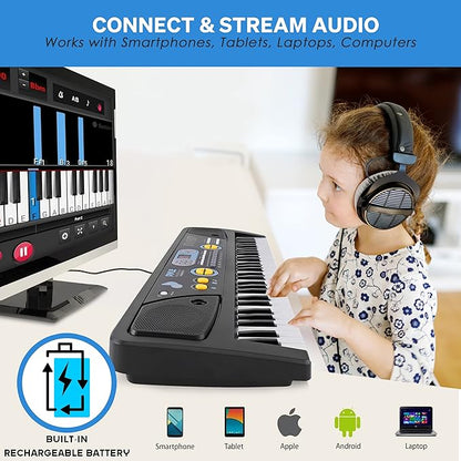 Electric Keyboard Piano 61 Keys - Portable Digital Musical Karaoke Piano Keyboard -10 Rhythms 16 Tones, Stereo Speakers, Rechargeable Battery - Wired Microphone - Beginners Kids Adult - Pyle PKBRD6112