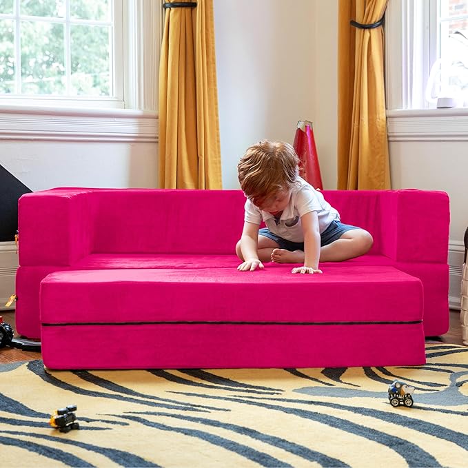 Jaxx Zipline Sofa & Large Ottoman 3 in 1 Fold Out Sofa, Big Kids Edition, Fuchsia, 17454