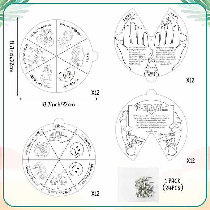 COcnny Bible Prayer Religious Craft - 24 Sets Christian Jesus Coloring Wheel Cards Creation Game Activities for Kids, The Lord’s Prayer Biblical Art Craft for Sunday School Classroom Ages 3-5 4-8 8-12