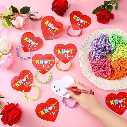 100 Pack Valentine Knot Bracelets with Card Student Valentine Gifts from Teacher Bulk Kids Friendship Bracelets Will Knot Be The Same Without You Classroom Exchange Cards for Party Favors