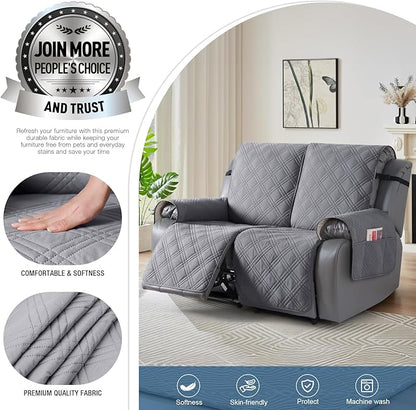TAOCOCO 100% Waterproof Loveseat Recliner Cover, Non Slip Split Loveseat Covers for Reclining Loveseat with Elastic Straps, Washable Recliner Chair/Furniture Protector for Kids Pets(2 Seater, Gray)