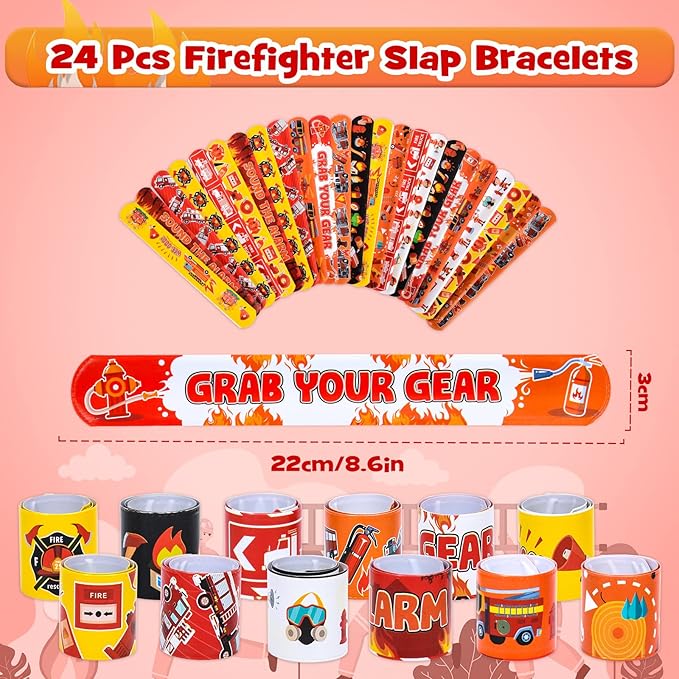 Lorfancy 98 Pcs Firefighter Party Favors Supplies Kids Firefighter Slap Bracelets Rubber Silicone Wristbands Fire Truck Stickers Toddler Fireman Party Supplies Goodie Bag Fillers Gifts for 3 4 5 6 7 8