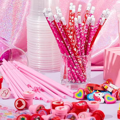 JOYIN 28 Packs Valentine's Day Stationery with Cup and Card, Exchange Gift for Kids with Pencils Stickers Erasers Stampers Sharpener, Holiday Reward Prizes