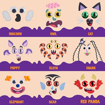 Klever Kits Halloween Pumpkin Painting Decorating Kit for Kids, Art and Craft Party Favors, Halloween Party Games Classroom Activities, DIY Coloring Set with 9 Characters Designs and Realistic Eyes