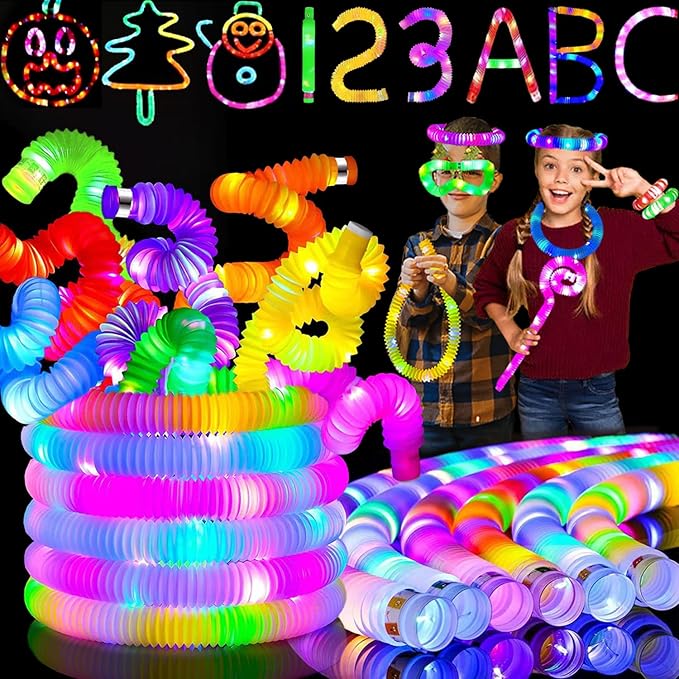 Jishi Light Up Pop Tubes 8-Pack LED Glow Sticks Bulk Christmas Glow in The Dark Party Favors Supplies, Kids Christmas Birthday Party Decorations, Sensory Light Up Fidget Tubes Toys for Kids Boys Girls
