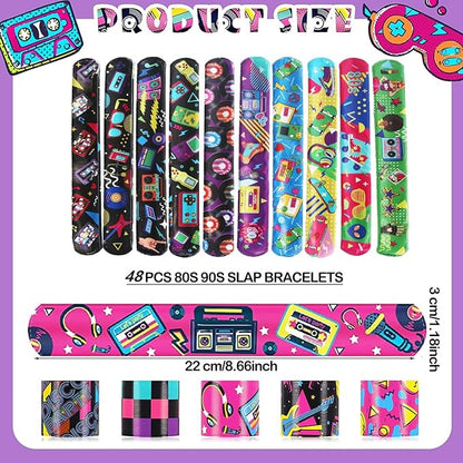 48 PCS 80s 90s Theme Party Favors Slap Bracelets, Wristbands Bracelets for Kids Adults Retro Birthday Party Supplies, Classroom Prizes Rewards Exchanging Gifts
