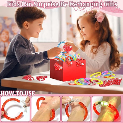 AMENON 24 Pack Valentines Day Gifts for Kids Glow In The Dark LED Bracelets with Valentines Cards for Kids Light UP Bracelets Valentines Classroom Gifts Exchange School Carnival Prizes Party Favor