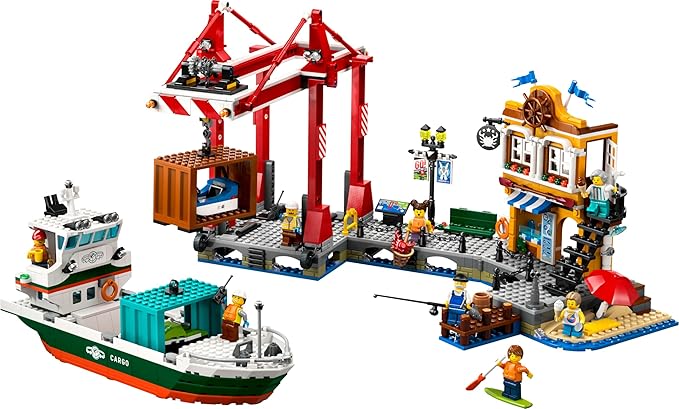 LEGO City Seaport with Goods Ship, Construction Toy Boat, Boys and Girls 8 Years and Older, Container Crane, Fishing Rod and Walkie Talkie 60422