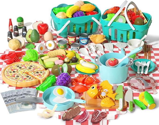 150Pcs Kitchen Playset, Toddlers Pretend Cooking Cookware Accessories, Food, Picnic Blanket, Fruits, Veges, 2Pack Shopping Storage Basket, Dessert and Prop Money, Gift for Kids (Turquoise)