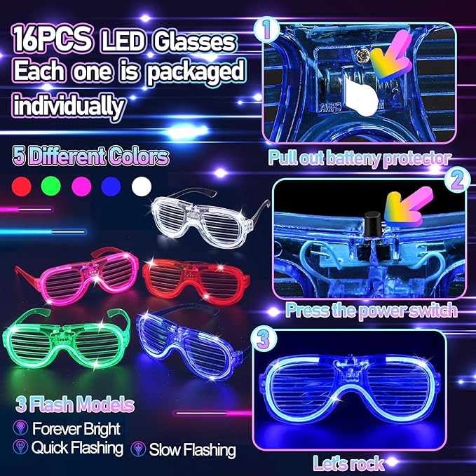 170PCS Glow in the Dark Party Supplies, 16PCS LED Foam Sticks, 16PCS LED Glasses and 100PCS Glow Sticks Necklaces Bracelets Headband, Light Up Party Favors for Kids Adults, Wedding, Concert, Birthday