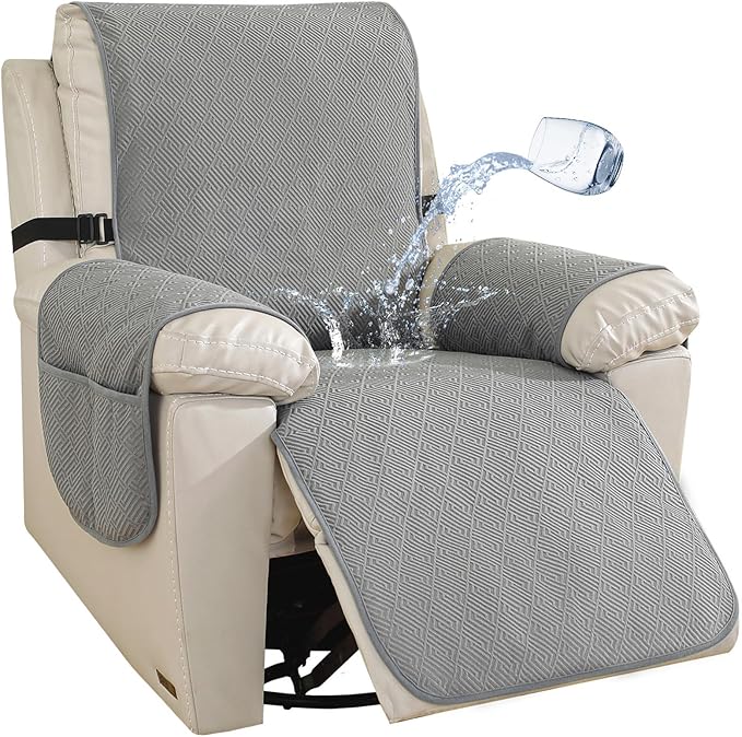 Easehomey 100% Waterproof Recliner Chair Covers with Non-Slip Backing & Pockets, Rocking Chair Sofa Cover with Elastic Band, Machine Washable Furniture Protector for Kids, Pets (Light Grey,23.6")