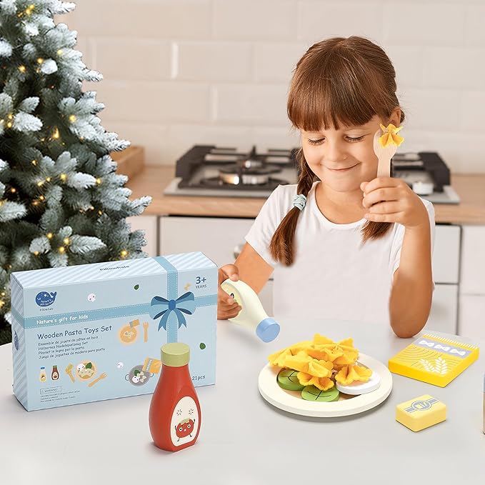 Pasta Food Toys, Wooden Play Kitchen Food , Play Food with Pots and Pans Playset, Kids Pretend Play Kitchen Accessories Toys Set for Girls Boys 3+Years Old