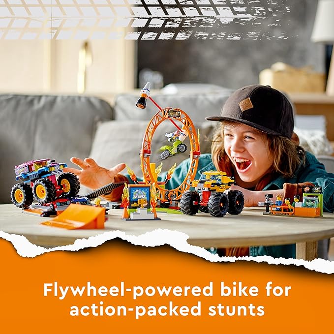 LEGO City Stunt Show Arena 60295 Building Toy Set with 2 Monster Trucks, 2 Collapsible Cars, a Flywheel-Powered Stunt Bike, Launch Ramps, Ring of fire and 6 Minifigures