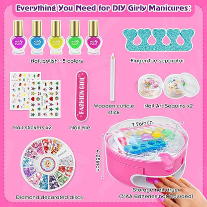 BATTOP Kids Nail Polish Set for Girls, Nail Art Kit for Kids with All-in-One Organizer Nail Dryer, Polish, Stickers, Gems, Filer - Ideas Gift for Girls 6 7 8 9 10 11 12 - Dress-Up Toy