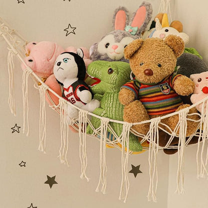 Boho Stuffed Animals Net or Hammock Large,55 inch Toy Hammock Macrame Stuff Animal Storage Corner Hanging Net Holder,Mesh Hammock Plush Toy Organizer with Hooks for Bedroom,Nursery (White)