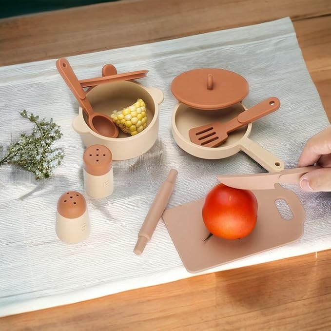 Food-Grade Silicone Kid Play Kitchen Accessories – 9Pcs Kids Toy Kitchen Accessories Set with Play Pots and Pans – Sets for Kids Kitchen Pretend Play – Pretend Play Kitchen Toy Set for Cooking