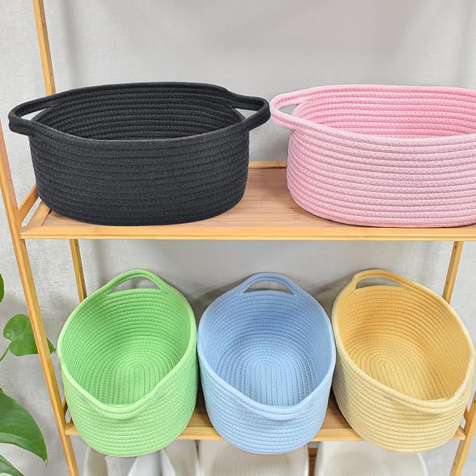 ABenkle Small Basket with Handles - Decorative Durable Rope Woven Storage Bin Shelf Storage Organizer Cube, Easter Baby Gift Basket, 12"x8"x5", Black