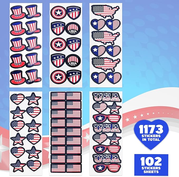 Artcreativity Assorted USA Stickers, Patriotic Stickers for Kids, 100 Sheets with Over 1,000 American Flag Stickers, Memorial Day Crafts for Kids, Memorial Day Stickers Decorations